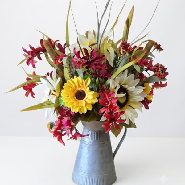 Mixed bouquet of daisies and red flowers in a metal pitcher