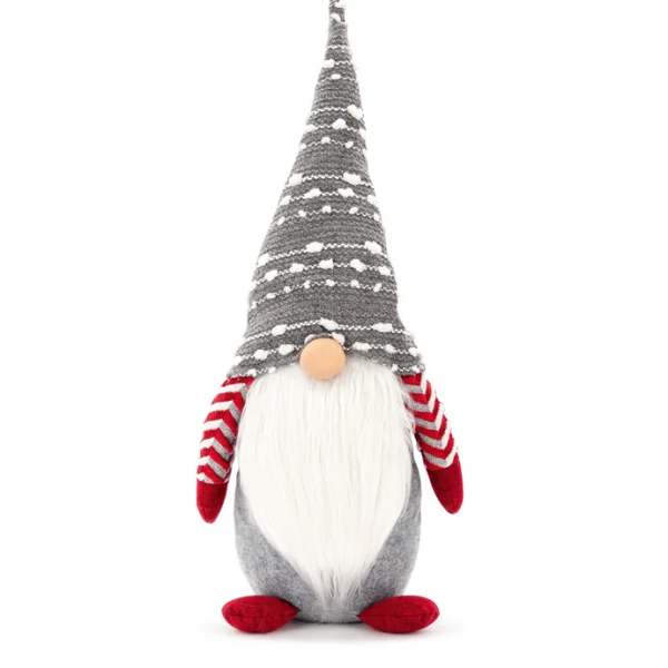Plush gnome with a tall gray hat, white beard, and red striped arms and feet