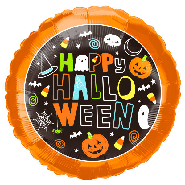Orange Halloween balloon with "Happy Halloween" text and spooky icons