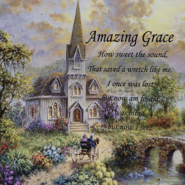 Painting of a church with the words Amazing Grace over a garden scene