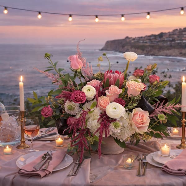 Pink and white floral centerpiece on a candlelit table overlooking the ocean