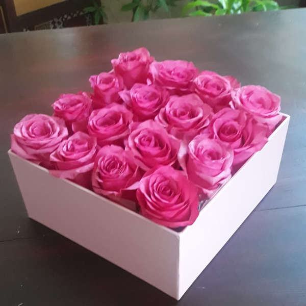 Pink roses arranged in a white square box