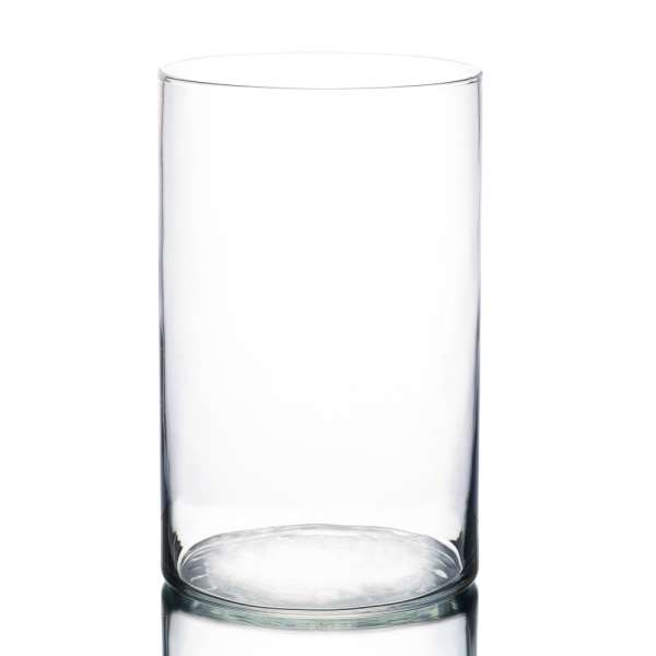 Clear cylindrical glass vase on a white background