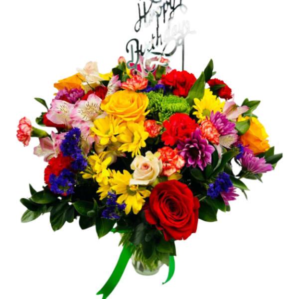 Colorful mixed bouquet with roses and daisies in a glass vase