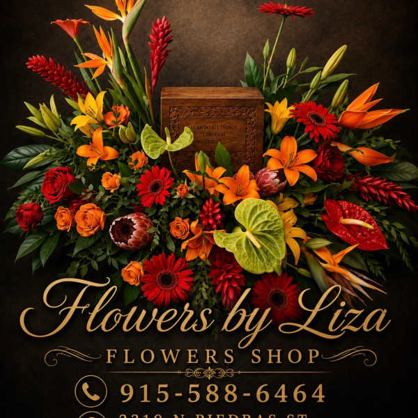 Sympathy floral tribute with orange and red tropical flowers around a wooden urn box