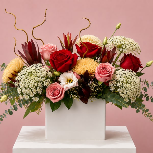 Mixed bouquet of red and pink roses in a white rectangular vase