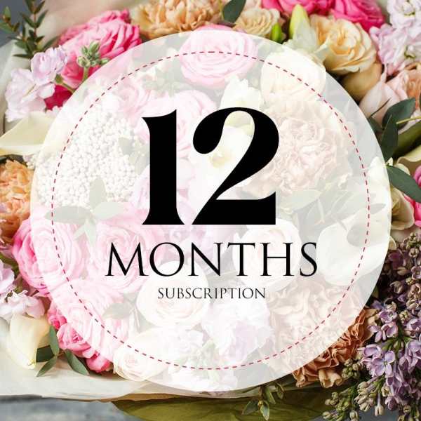 Mixed bouquet of pink, white, and peach flowers with a "12 months" subscription label