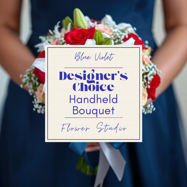 Handheld bouquet of red and white flowers with a ribbon