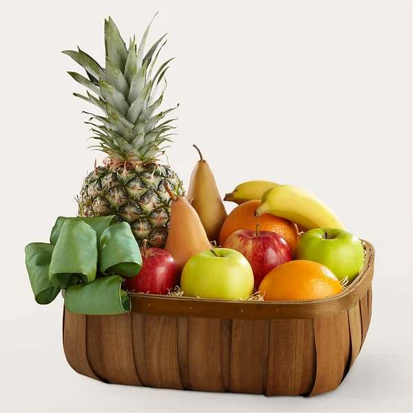 Fruit basket with pineapple, pears, apples, oranges, bananas, and a green ribbon