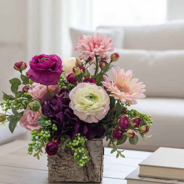 Pink and purple floral arrangement in a rustic wood container on a table
