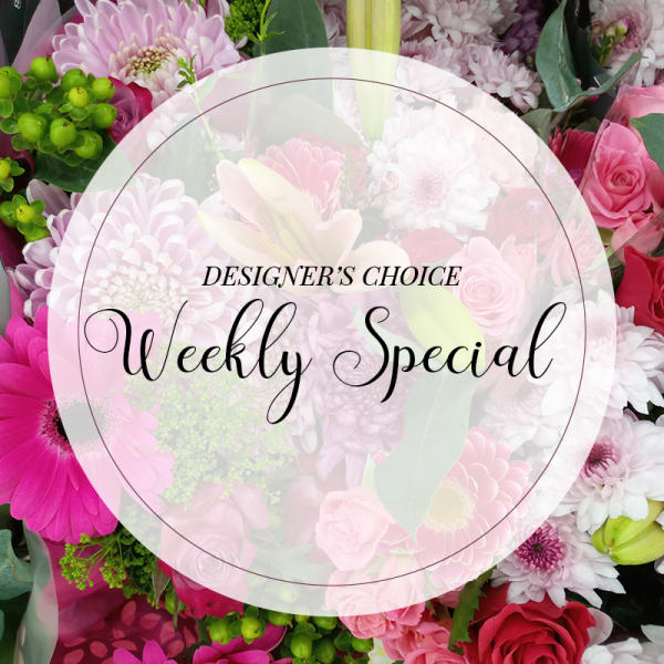 Designer’s choice weekly special over a collage of pink and white flowers