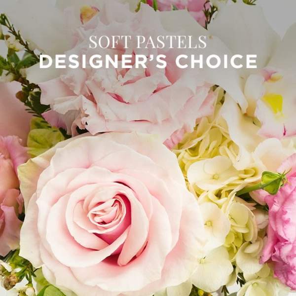 Close-up of soft pastel pink roses and cream hydrangeas in a designer’s choice arrangement