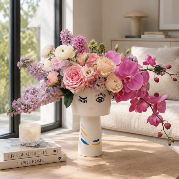 Pink and lavender floral arrangement in a face-shaped vase on a table