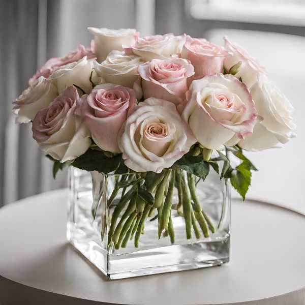 Blush and white roses arranged in a clear square vase