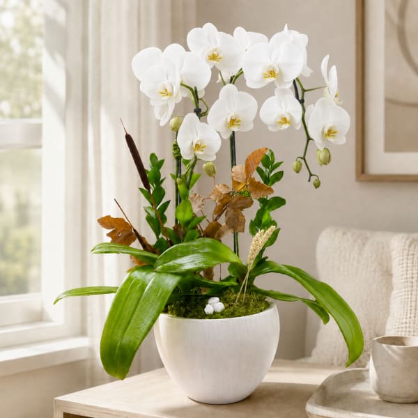 White orchid arrangement in a white pot on a table