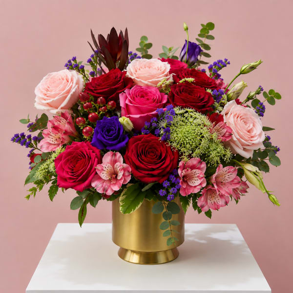 Mixed bouquet of red, pink, and purple roses in a gold vase