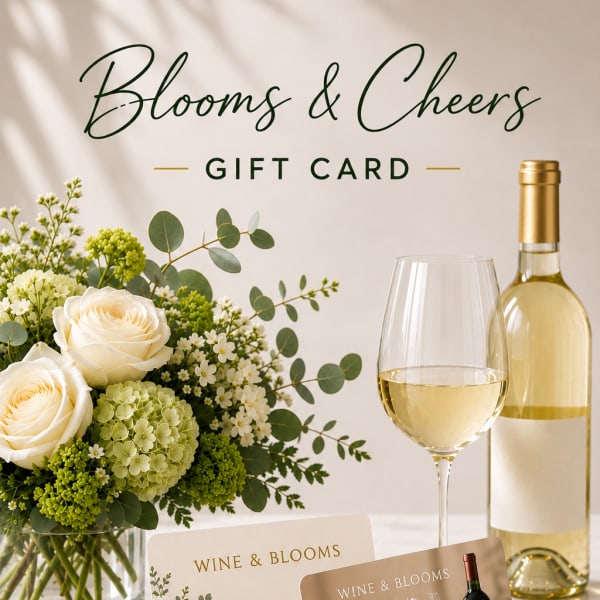 Gift card with flowers, wine bottle, and wine glass