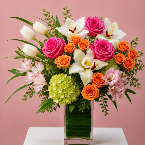 Mixed bouquet of pink roses, white orchids, orange roses, and tulips in a glass vase