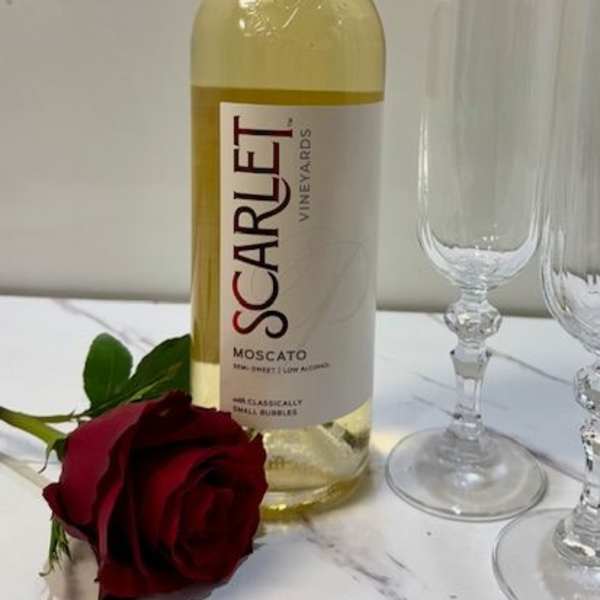 Bottle of white wine beside a red rose and two champagne flutes