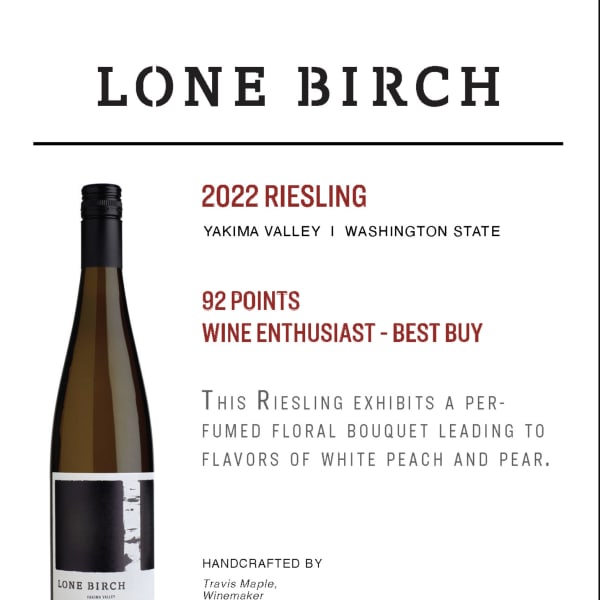 Bottle of Lone Birch 2022 Riesling with a printed tasting note card