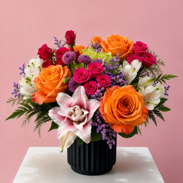 Mixed bouquet of orange and pink roses with white lilies in a black vase