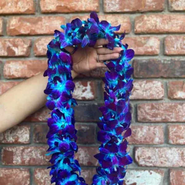 Blue and purple flower lei held in a hand