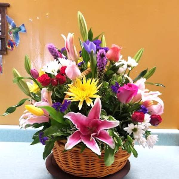 BASKET ARRANGEMENT WITH MIXED COLOR FLOWERS