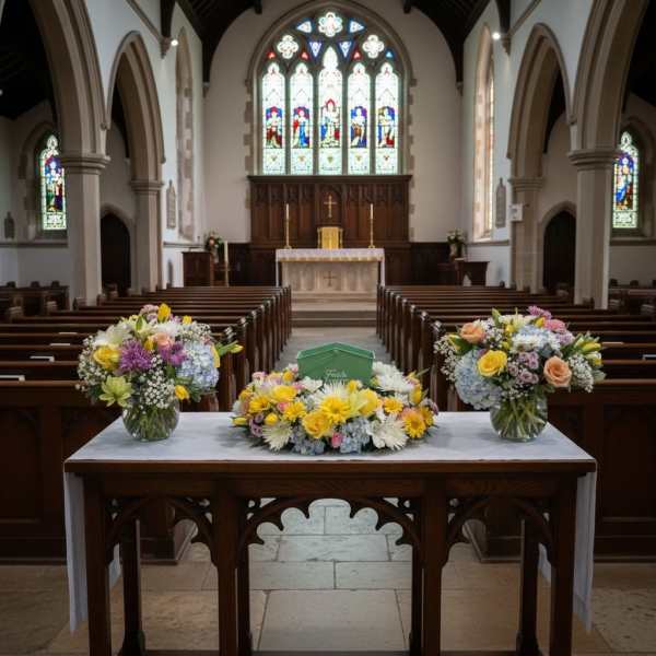 Floral arrangements on a table inside a church