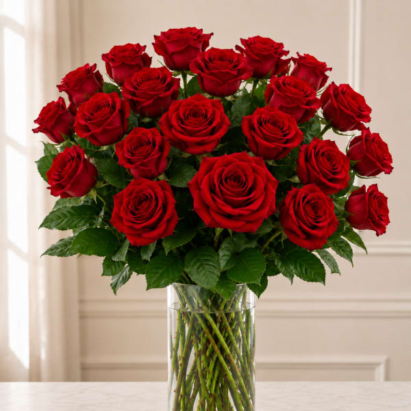 Bouquet of red roses in a clear glass vase