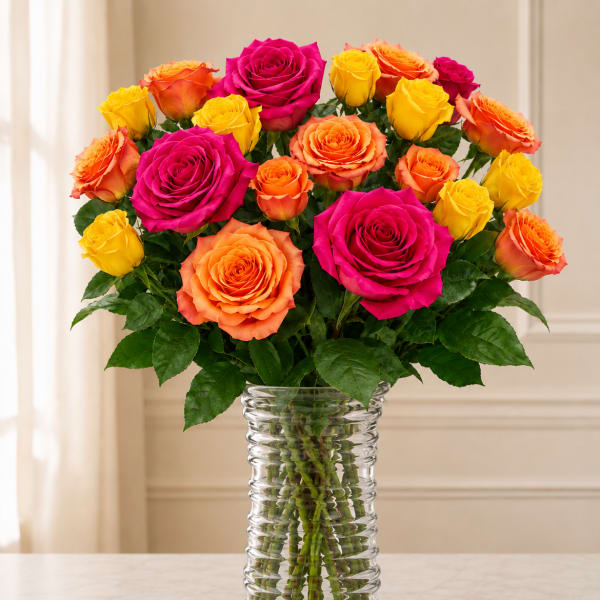 Bouquet of pink, orange, and yellow roses in a clear glass vase