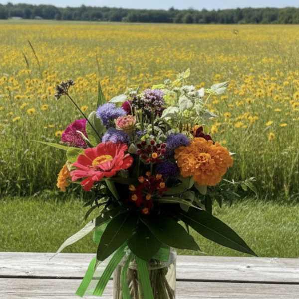 Mixed bouquet of bright flowers in a clear glass vase