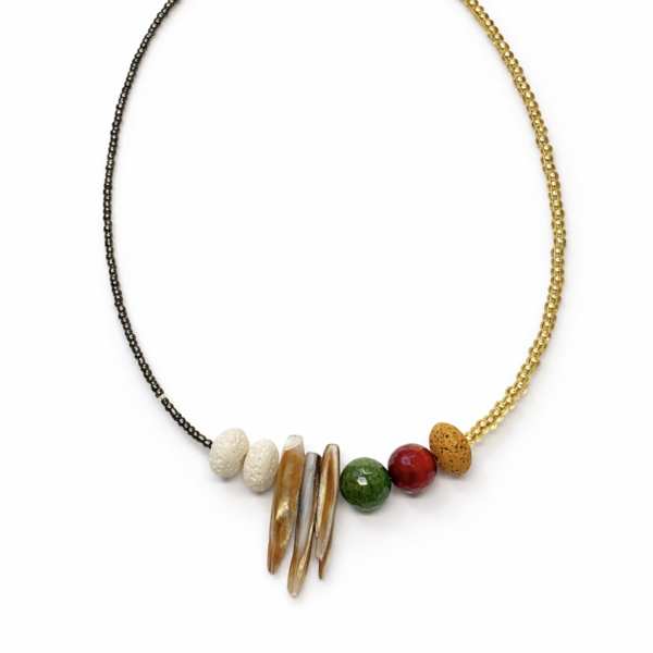 Beaded necklace with mixed-color beads and gold-toned accents