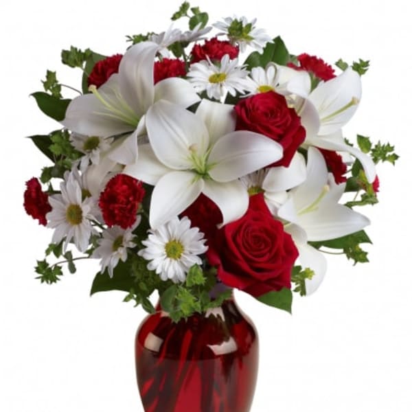 Boldly Bashful red roses with white lilies