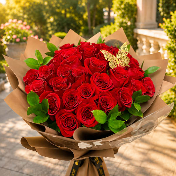 Bouquet of red roses wrapped in brown paper with a butterfly accent