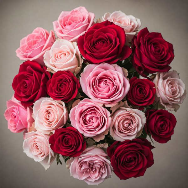 Bouquet of red and pink roses arranged in a round cluster