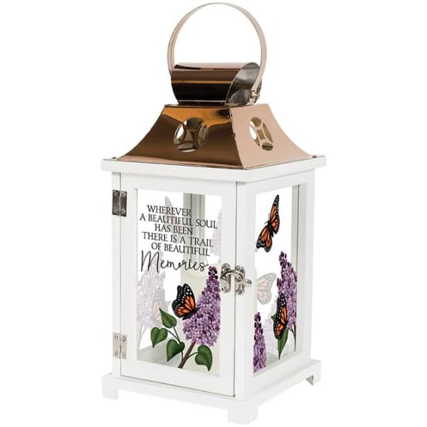 White memorial lantern with butterfly and lilac flower designs
