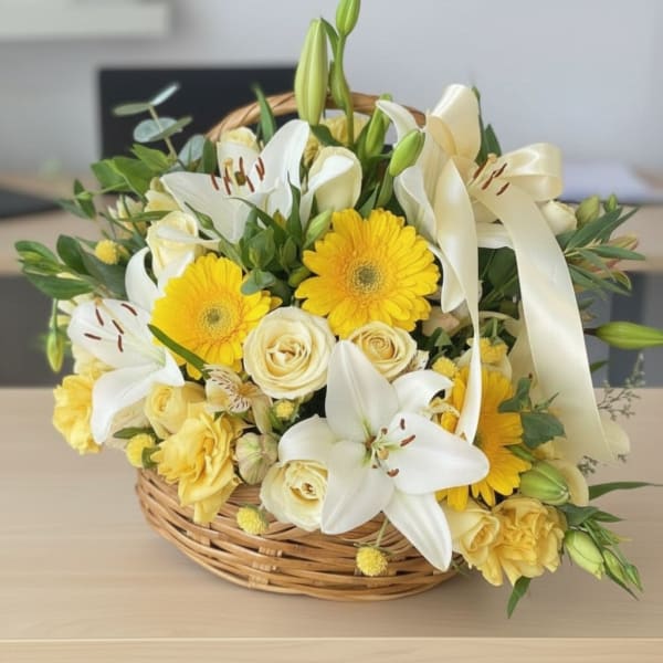 Basket arrangement of white lilies, yellow gerberas, and cream roses with ribbon