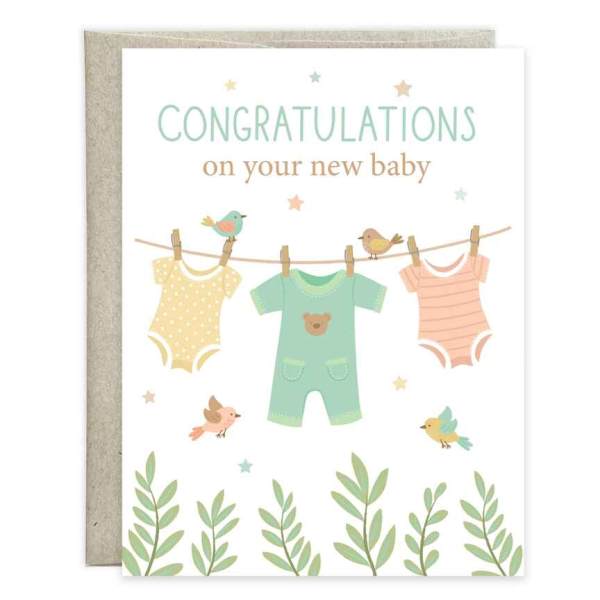 Baby Greeting Card - Clothesline & Birds