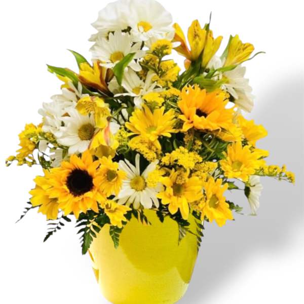 Yellow and white mixed bouquet in a yellow vase