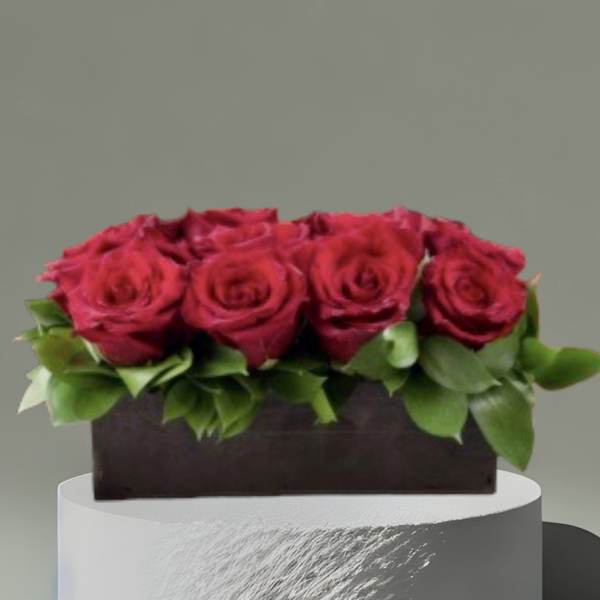Red roses arranged in a dark rectangular box