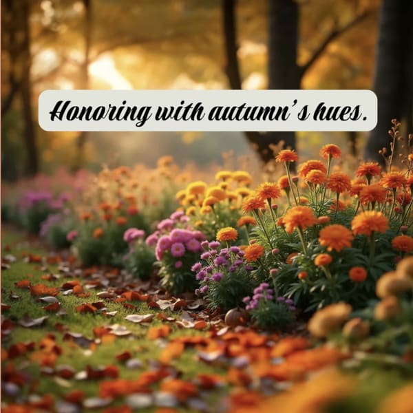 Autumn flower bed with orange and pink blooms and a text banner