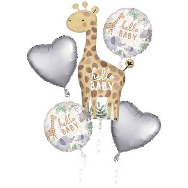 Baby shower balloon bouquet with a giraffe and silver heart balloons