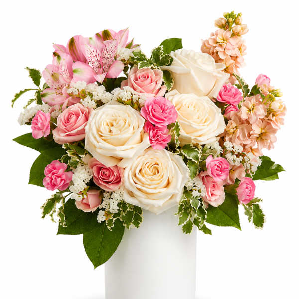 Pink and white roses with pink alstroemeria in a white vase