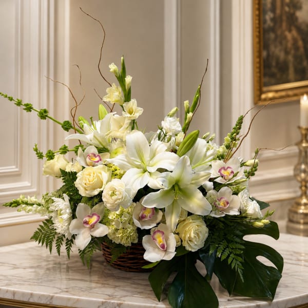 White floral arrangement in a wicker basket with lilies and orchids