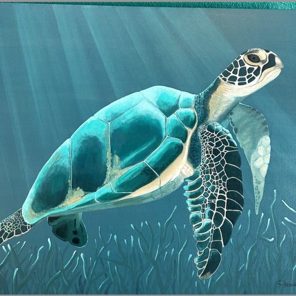 Painting of a sea turtle swimming in blue water