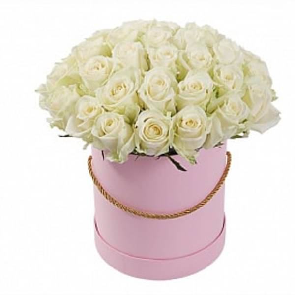 White roses arranged in a pink hatbox with a gold cord