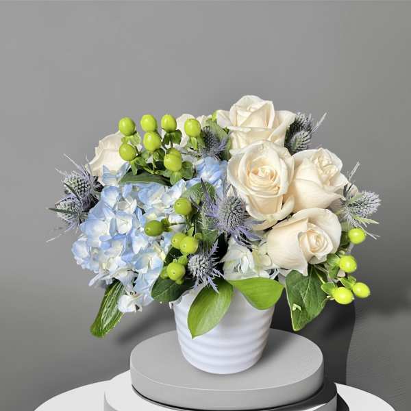 Cream roses and blue hydrangea in a white vase