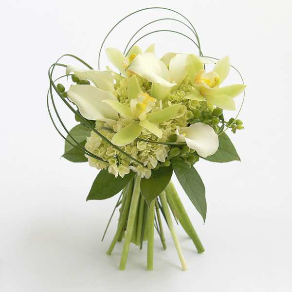 Bouquet of pale green orchids and hydrangeas with looping grass accents