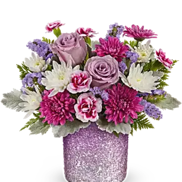 Bouquet of lavender roses, pink mums, and white daisies in a glittery vase