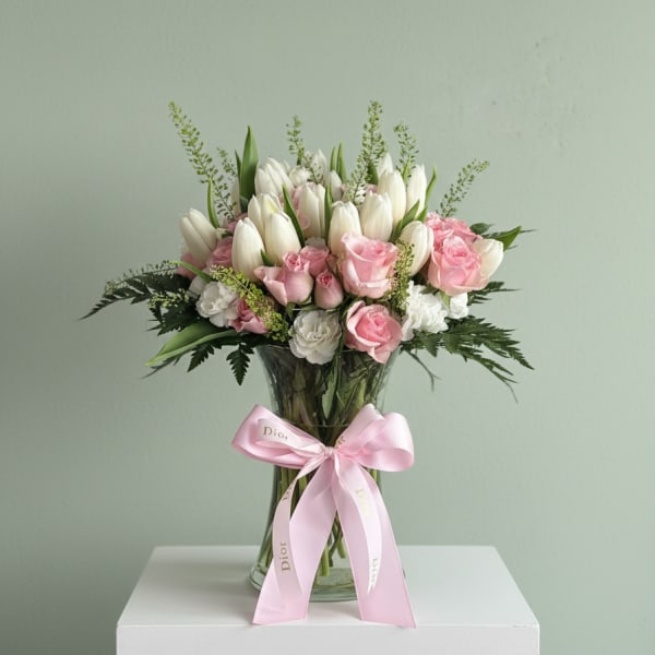 Blush & White Tulip and Spray Rose Arrangement